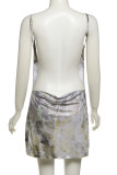 Brown Street Print Patchwork Backless Spaghetti Strap Sling Dresses