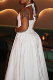 White Elegant Solid Color Patchwork Backless Strap Design Zipper Halter A Line Dresses