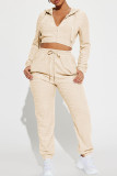 Apricot Casual Solid Color Draw String Pocket Patchwork Zipper Hooded Long Sleeve Two Pieces