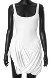 White Sexy Solid Color Patchwork Backless Ruched U Neck Irregular Dresses