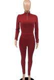 Red Casual Solid Color Patchwork Zipper Zipper Collar Long Sleeve Two Pieces
