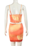 Orange Sexy Hot Print Patchwork Backless Spaghetti Strap Sleeveless Two Pieces