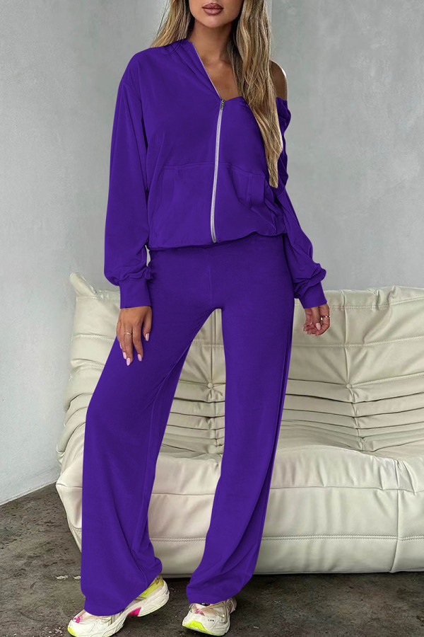 Purple Casual Solid Color Pocket Patchwork Zipper Zipper Collar Long Sleeve Two Pieces