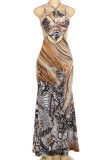 Brown Sexy Print Hollow Out Patchwork Backless Spaghetti Strap Sling Dresses
