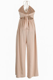 Earth Yellow Sexy Casual Solid Color Lace Up Backless Halter Bodycon Jumpsuits