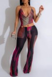Rose Red Sexy Print Hollow Out Backless Belted Halter Skinny Jumpsuits