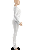 Khaki Casual Solid Color Pocket Patchwork Ruched U Neck Long Sleeve Two Pieces