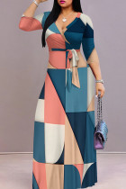 Blue Pink Elegant Print Patchwork Strap Design V Neck Long Dresses