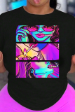 Black Casual Street Cartoon Print O Neck T-Shirts
