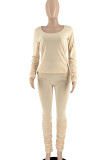 Khaki Casual Solid Color Pocket Patchwork Ruched U Neck Long Sleeve Two Pieces