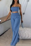 Blue Sexy Casual Solid Color Backless Strapless Sleeveless Two Pieces