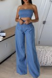Blue Sexy Casual Solid Color Backless Strapless Sleeveless Two Pieces