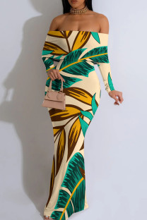 Green Yellow Elegant Print Patchwork Backless Off Shoulder Long Dresses