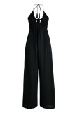Earth Yellow Sexy Casual Solid Color Lace Up Backless Halter Bodycon Jumpsuits