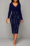 Light Blue Elegant Stripe Patchwork Ruched V Neck Long Sleeve Two Pieces