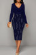Deep Blue Elegant Stripe Patchwork Ruched V Neck Long Sleeve Two Pieces