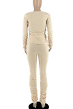 Khaki Casual Solid Color Pocket Patchwork Ruched U Neck Long Sleeve Two Pieces