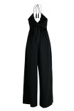 Earth Yellow Sexy Casual Solid Color Lace Up Backless Halter Bodycon Jumpsuits