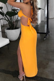 Yellow Elegant Solid Color Patchwork Halter Long Dresses