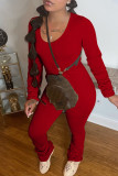 Khaki Casual Solid Color Pocket Patchwork Ruched U Neck Long Sleeve Two Pieces