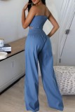 Blue Sexy Casual Solid Color Backless Strapless Sleeveless Two Pieces