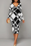 White Elegant Geometric Print Patchwork Ruched V Neck Wrapped Skirt Dresses