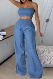 Blue Sexy Casual Solid Color Backless Strapless Sleeveless Two Pieces