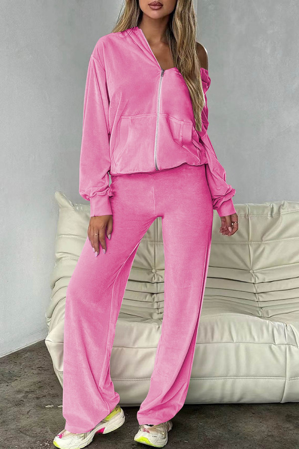 Pink Casual Solid Color Pocket Patchwork Zipper Zipper Collar Long Sleeve Two Pieces