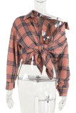 Pink Street Plaid Buckle Patchwork Turndown Collar Tops