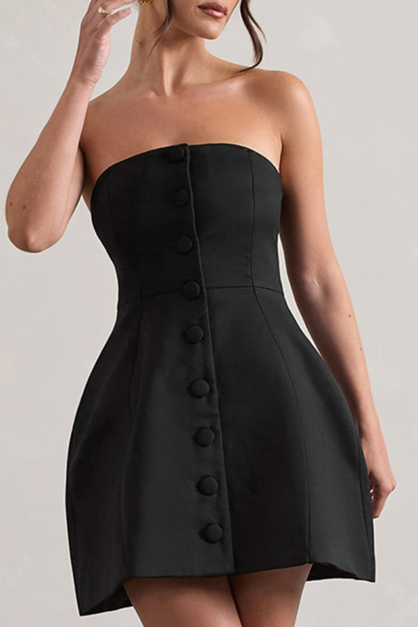 Black Sexy Solid Color Buckle Patchwork Backless Strapless A Line Dresses