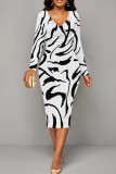 White Elegant Geometric Print Patchwork Ruched V Neck Wrapped Skirt Dresses