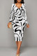 White Elegant Geometric Print Patchwork Ruched V Neck Wrapped Skirt Dresses