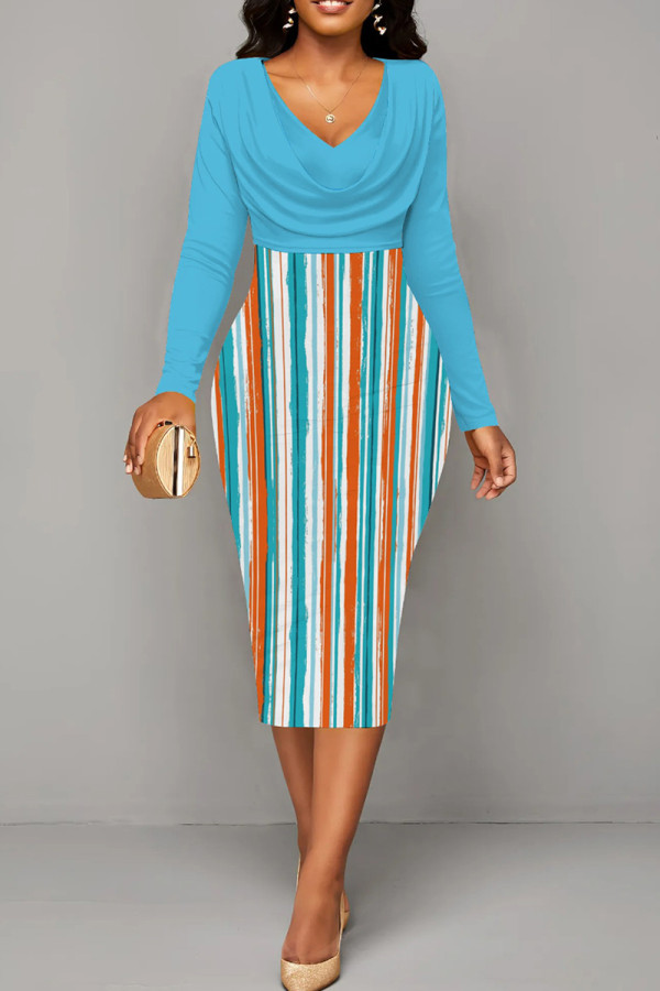 Light Blue Elegant Stripe Patchwork Ruched V Neck Long Sleeve Two Pieces