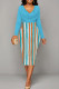 Light Blue Elegant Stripe Patchwork Ruched V Neck Long Sleeve Two Pieces
