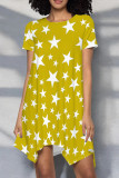 Red Casual Geometric Print Patchwork O Neck Irregular Dresses