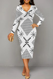 White Elegant Geometric Print Patchwork Ruched V Neck Wrapped Skirt Dresses