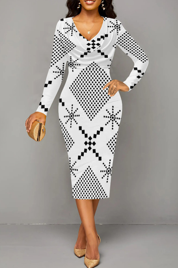 Black And White Elegant Geometric Print Patchwork Ruched V Neck Wrapped Skirt Dresses