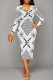 Black And White Elegant Geometric Print Patchwork Ruched V Neck Wrapped Skirt Dresses