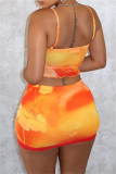 Orange Sexy Hot Print Patchwork Backless Spaghetti Strap Sleeveless Two Pieces