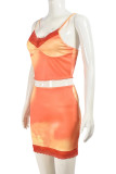Orange Sexy Hot Print Patchwork Backless Spaghetti Strap Sleeveless Two Pieces