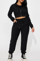 Black Casual Solid Color Draw String Pocket Patchwork Zipper Hooded Long Sleeve Two Pieces