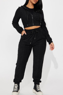 Black Casual Solid Color Draw String Pocket Patchwork Zipper Hooded Long Sleeve Two Pieces
