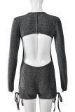Black Silver Sexy Solid Color Backless Zipper Belted O Neck Skinny Rompers