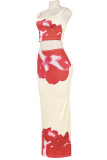 Apricot Elegant Print Patchwork Backless Square Neck Sleeveless Two Pieces