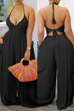 Earth Yellow Sexy Casual Solid Color Lace Up Backless Halter Bodycon Jumpsuits
