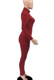 Red Casual Solid Color Patchwork Zipper Zipper Collar Long Sleeve Two Pieces