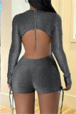 Black Silver Sexy Solid Color Backless Zipper Belted O Neck Skinny Rompers