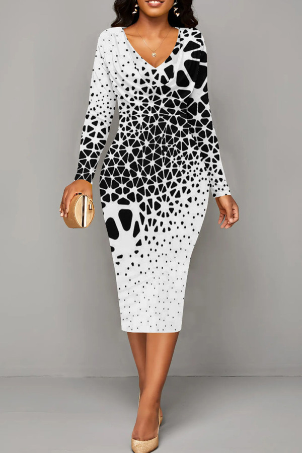 Black White Elegant Geometric Print Patchwork Ruched V Neck Wrapped Skirt Dresses