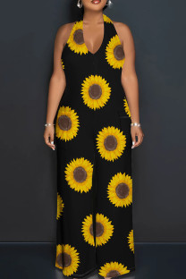 Black Yellow Elegant Print Patchwork Backless Halter Loose Jumpsuits