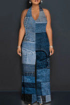 Dark Blue Sexy Print Patchwork Backless Halter Loose Jumpsuits